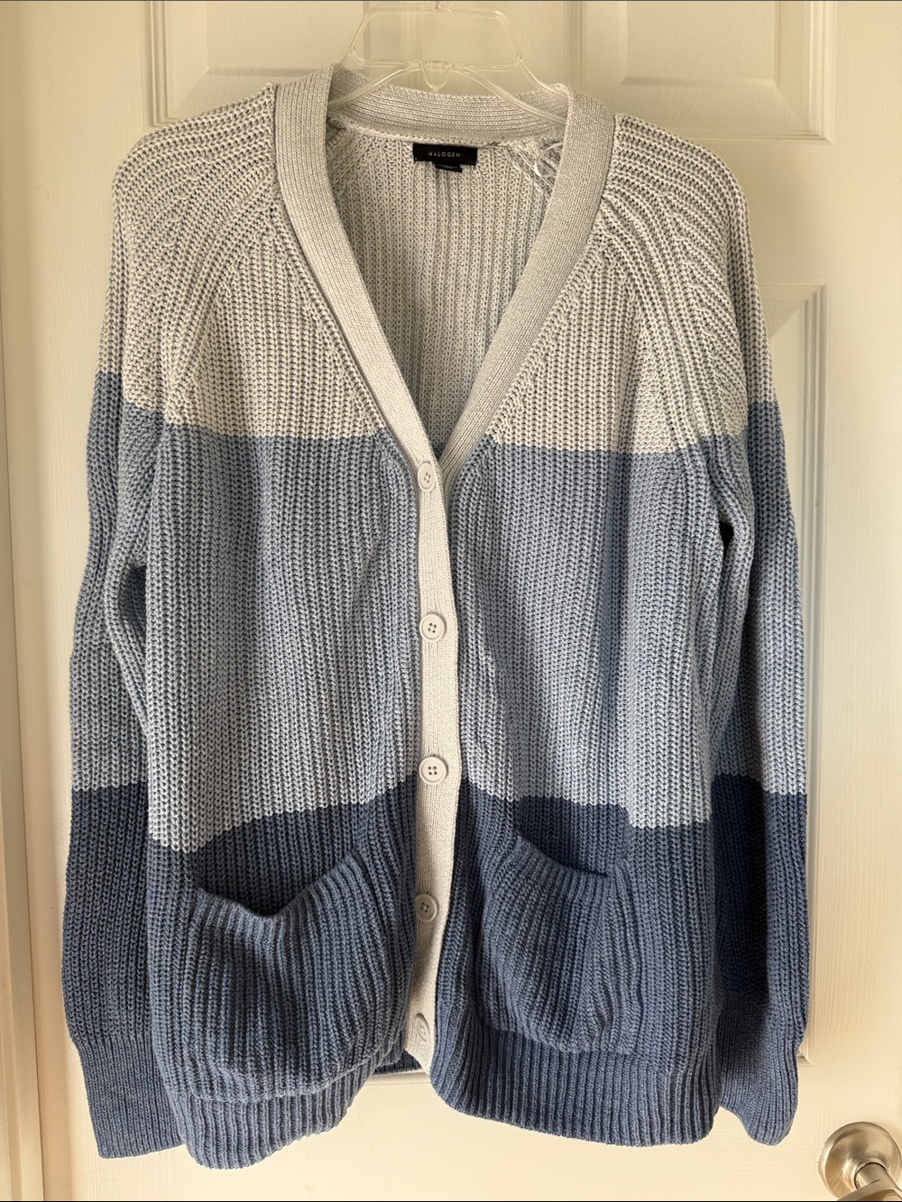Halogen by Nordstrom Oversized Colorblock Cardigan Sweater Blues & Cream -Medium